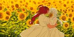  2girls ahoge closed_eyes dress eoljukko field flower flower_field gundam gundam_suisei_no_majo hairband highres hug long_hair miorine_rembran multiple_girls outdoors red_hair suletta_mercury sunflower white_dress white_hair yuri 