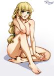  1girl 2020 artist_name blonde_hair commentary completely_nude dated fire_emblem fire_emblem:_three_houses full_body green_eyes heart ingrid_brandl_galatea long_hair looking_at_viewer mina_cream nipples nude pussy shadow simple_background sitting solo symbol-only_commentary watermark white_background 