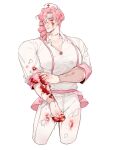  02_nai 1boy blood blood_on_clothes blood_on_face blood_on_hands blood_splatter blood_stain cross drill_hair eyepatch genderswap genderswap_(ftm) hat heart heart_print highres indie_virtual_youtuber kagome_(vtuber) large_pectorals long_hair looking_at_viewer male_focus muscular muscular_male nurse nurse_cap pants pectoral_cleavage pectorals pink_hair red_cross shirt stitched_arm stitched_neck stitches torn_clothes torn_pants torn_shirt undead white_headwear white_pants white_shirt zombie 