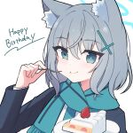  1girl animal_ear_fluff animal_ears aqua_eyes aqua_necktie aqua_scarf black_jacket blue_archive cake cake_slice commentary_request eating food food_bite fork fox_ears fruit grey_hair hair_between_eyes hair_ornament hairpin halo hands_up happy_birthday harr_illust holding holding_fork jacket long_sleeves medium_hair necktie partial_commentary portrait scarf shiroko_(blue_archive) shirt simple_background solo strawberry white_background white_shirt 