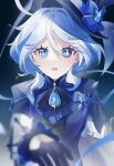  1girl :o ascot black_ascot black_gloves blue_bow blue_eyes blue_gemstone blue_hair blue_headwear blue_jacket blue_ribbon blurry blurry_foreground blush bow brooch commentary_request cowlick dekitateomoti depth_of_field drop-shaped_pupils eyelashes furina_(genshin_impact) gem genshin_impact gloves hair_between_eyes hair_intakes half_gloves hand_up hat hat_bow heterochromia highres jacket jewelry lapels light_particles long_sleeves looking_at_viewer multicolored_hair open_clothes open_jacket open_mouth ribbon short_hair sidelocks solo streaked_hair swept_bangs symbol-shaped_pupils tilted_headwear top_hat upper_body white_hair 