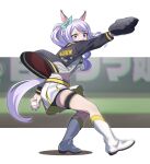  1girl alternate_costume animal_ears ball baseball baseball_mitt black_jacket boots character_name chromatic_aberration commentary_request ear_ribbon from_side frown full_body highres holding holding_ball horse_ears horse_girl horse_tail jacket long_hair looking_at_viewer mejiro_mcqueen_(umamusume) midriff miniskirt motion_blur nishiki_kazue open_clothes open_jacket outstretched_arm pitching ponytail purple_eyes purple_hair sidelocks skirt solo standing standing_on_one_leg tail thigh_strap umamusume white_footwear wide-eyed 