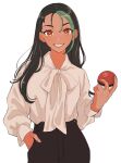  1girl black_hair black_pants blush dark-skinned_female dark_skin eyelashes freckles green_hair grin hair_down hand_in_pocket highres holding holding_poke_ball lips long_hair long_sleeves looking_at_viewer multicolored_hair nemona_(pokemon) orange_eyes osg_pk pants poke_ball poke_ball_(basic) pokemon pokemon_(game) pokemon_sv shirt simple_background smile solo streaked_hair teeth two-tone_hair white_background white_shirt 