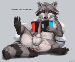  anatomically_correct anatomically_correct_genitalia anus aroused balls big_anus big_balls bodily_fluids brown_body brown_fur claws coontail coontail_v2 dirty_talk erection feral fur game_console genital_fluids genitals grey_body grey_fur hi_res humor looking_at_viewer male mammal nintendo nintendo_switch paws penis pillow precum procyonid pun raccoon raccoon_tail smile smirk solo teasing throbbing_penis truegrave9 