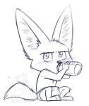  anthro baby_bottle barefoot black_and_white blush canid canine clothed clothing corgi_(artist) diaper diaper_only disney drinking feet fennec finnick_(zootopia) fox glistening glistening_eyes holding_baby_bottle holding_object male mammal monochrome signature simple_background solo topless white_background zootopia 