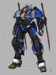  absurdres apoloniodraws blade_liger clenched_hands full_body grey_background highres holstered_weapon looking_ahead mecha no_humans orange_eyes redesign robot science_fiction solo sword weapon zoids zoids_chaotic_century 