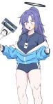  black_buruma black_shirt blue_archive blue_jacket breasts buruma clenched_hand gym_uniform halo highres jacket large_breasts muscular muscular_female purple_hair reia_76 shirt standing star_sticker surprised t-shirt thighs track_jacket twitter_username yuuka_(blue_archive) yuuka_(track)_(blue_archive) 