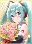  1girl bare_shoulders black_sleeves blue_hair blush bouquet closed_mouth collared_shirt dated detached_sleeves diamond_(shape) flower frilled_shirt frills from_side hair_between_eyes hair_ornament happy_birthday hatsune_miku headset highres holding holding_bouquet inset_border long_hair long_sleeves looking_at_viewer microphone number_tattoo object_hug pink_flower shirt sidelocks sleeveless sleeveless_shirt smile snowmi solo spring_onion tattoo twintails upper_body very_long_hair vocaloid white_shirt 