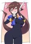  1girl absurdres aile_(mega_man_zx) black_bodysuit blue_jacket blush bodysuit breasts brown_hair buzzlyears flying_sweatdrops green_eyes highres jacket large_breasts long_hair looking_at_viewer mega_man_(series) mega_man_zx open_clothes open_jacket solo 