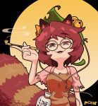  1girl animal_ears bell black_background brown_eyes brown_hair full_moon futatsuiwa_mamizou glasses gourd hair_bell hair_ornament highres jingle_bell leaf leaf_hair_ornament leaf_on_head looking_at_viewer moon open_mouth pince-nez raccoon_ears raccoon_girl raccoon_tail short_hair simple_background smoking_pipe solidus_(sword_cube) solo tail tanuki touhou 