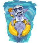  big_ears bikini breasts clothing cute_fangs ear_piercing female hair hi_res humanoid humanoid_pointy_ears league_of_legends looking_at_viewer medium_breasts piercing pool_float riot_games short_stack solo sungerart swimwear thick_thighs tristana_(lol) white_hair wide_hips yordle 