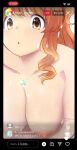  1girl breasts brown_eyes commentary_request dice77252 fake_screenshot idolmaster idolmaster_cinderella_girls jewelry large_breasts livestream moroboshi_kirari necklace nipples nude orange_hair paid_reward_available solo translation_request upper_body wet 