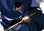  1boy baseball_cap blonde_hair blue_coat coat fighting_stance green_sash hand_focus hat highres holding holding_sword holding_weapon kaku_(one_piece) long_nose long_sleeves male_focus one_eye_covered one_piece sash serious short_hair swirling sword unksgmkr weapon 