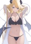  1girl :q absurdres arms_up ass_visible_through_thighs bat_tattoo black_bra black_horns black_panties black_wings blonde_hair blue_eyes bra breast_tattoo breasts cleavage cowboy_shot demon_girl demon_tail halterneck heart heart_tattoo highres hololive horns large_breasts long_hair looking_at_viewer low_wings navel panties pointy_ears stomach tail tataki_worker tattoo thigh_gap thighs tongue tongue_out transparent_background underwear very_long_hair virtual_youtuber wings yuzuki_choco 