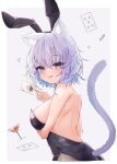  1girl absurdres animal_ear_fluff animal_ears arm_under_breasts backless_leotard bare_back bare_shoulders black_hairband black_leotard black_pantyhose blue_hair blush breast_hold breasts breasts_apart card cat_ears cat_girl cat_tail colored_inner_hair commentary fake_animal_ears from_side hairband highres holding holding_card hololive leotard looking_at_viewer looking_to_the_side median_furrow multicolored_hair nekomata_okayu pantyhose playboy_bunny playing_card purple_eyes purple_hair rabbit_ears reine_(reineko6) short_hair sideboob solo tail tongue tongue_out upper_body virtual_youtuber 