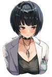  1girl black_choker black_dress black_hair blunt_bangs blush bob_cut breasts choker cleavage closed_mouth coat collarbone commentary_request cropped_torso dress highres jewelry lab_coat medium_breasts necklace open_clothes open_coat persona persona_5 pppppknw red_eyes short_hair simple_background solo takemi_tae twitter_username white_background white_coat 