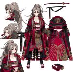  1girl absurdres cbow chinese_clothes closed_mouth coat collared_coat full_body grey_hair highres looking_at_viewer multiple_views ponytail red_eyes reference_sheet sandals solo sword weapon white_background 