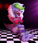  anthro ball_gag blush bodily_fluids breasts canid canine canis clothing collar drooling ear_piercing ear_ring female five_nights_at_freddy&#039;s five_nights_at_freddy&#039;s:_security_breach gag hi_res leg_warmers legwear looking_at_viewer mammal piercing ring_piercing roxanne_wolf_(fnaf) saliva scottgames sitting solo spiked_collar spikes steel_wool_studios tape tape_bondage wolf zeecibee 
