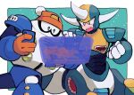  1278mkyp 2boys blizzard_man cellphone centaur centaur_man clenched_hand commentary_request fake_horns hat helmet holding holding_phone horned_helmet horns male_focus mega_man_(classic) mega_man_(series) mega_man_6 multiple_boys no_mouth phone robot smartphone taur 