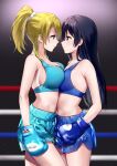  2girls asymmetrical_docking ayase_eli bare_shoulders black_hair blonde_hair blue_bra blue_eyes blue_gloves blue_shorts boxing boxing_gloves boxing_ring boxing_shorts bra breast_press breasts commission eye_contact frown gloves highres indoors large_breasts long_hair looking_at_another love_live! love_live!_school_idol_project medium_breasts multiple_girls nanatsu_no_umi navel ponytail shorts sidelocks skeb_commission smile sonoda_umi sports_bra stomach underwear yellow_eyes 