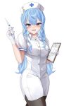  1girl :d alternate_costume black_pantyhose blue_eyes blue_hair blush breasts clipboard collared_dress commentary_request dress gloves hat highres hiiragi_melt holding holding_clipboard hololive hoshimachi_suisei long_hair looking_at_viewer nurse nurse_cap open_mouth pantyhose small_breasts smile solo star_(symbol) star_in_eye symbol_in_eye very_long_hair virtual_youtuber white_background white_dress white_gloves white_headwear 