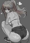  ass blush breasts c_(theta) cutoffs grey_background greyscale heart highres idolmaster idolmaster_million_live! large_breasts looking_at_viewer looking_back median_furrow micro_shorts monochrome no_ahoge ponytail shorts shoulder_blades sideboob signature simple_background sketch smile squatting tokoro_megumi 