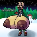  anthro antlers areola bell big_areola big_breasts big_nipples breasts countershading deer dialogue english_text exposed_breasts female fur green_eyes green_hair hair hooves horn huge_areola huge_breasts huge_nipples hyper hyper_breasts mammal new_world_deer night nipples puffy_areola puffy_nipples red_body red_fur reindeer scarf snow snowman solo sprucy tan_body tan_countershading text winter winter_coat 