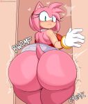  &lt;3 amy_rose anthro big_breasts big_butt blush bottomless breasts butt clothed clothing cracks doorway dress english_text eulipotyphlan female frown gloves green_eyes hair handwear hedgehog hi_res huge_butt jinu looking_at_viewer looking_back mammal multicolored_body onomatopoeia pink_hair sega solo sonic_the_hedgehog_(series) sound_effects stuck text thick_thighs two_tone_body wide_hips 