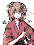  1other ametsukana_yago androgynous bandage_over_one_eye black_hakama brown_eyes brown_hair character_name commentary_request hakama hemo_(hemoroda) holding holding_smoking_pipe japanese_clothes kimono kiseru len&#039;en mask mask_on_head medium_hair other_focus polka_dot red_kimono simple_background sketch smoke smoking_pipe solo white_background 