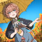 1girl belt black_sleeves blue_eyes blue_overalls blush braid breasts brown_hair buckle clothing_cutout crown_braid fangs fate/grand_order fate_(series) headband holding holding_umbrella navel navel_cutout open_mouth orange_headband overalls puffy_sleeves red_pupils shimogamo_(shimomo_12) side_braid small_breasts solo striped striped_headwear sunlight tongue tree umbrella van_gogh_(fate) water_drop yellow_umbrella zipper_pull_tab 