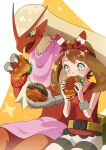  1girl arutarika_(ri_kaoekaki) blaziken blue_eyes bow bracelet brown_hair burger eating fanny_pack food hair_bow highres holding holding_food jewelry may_(pokemon) pokemon pokemon_(creature) pokemon_(game) pokemon_oras red_bow red_shirt shirt shorts sitting sleeveless sleeveless_shirt star-shaped_pupils star_(symbol) symbol-shaped_pupils 