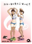  2girls arm_up bad_proportions breasts brown_eyes brown_hair cat cleavage glasses gradient_background green_eyes heart_arms long_hair looking_at_viewer multiple_girls navel pink_footwear q98780409 shoes short_hair small_breasts sneakers sportswear standing v yellow_footwear 