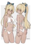  1girl ass ass_support bikini blonde_hair blue_bow blush bow breasts cleavage cleavage_cutout closed_mouth clothing_cutout commentary cropped_legs dan_(kumadan) dark-skinned_female dark_skin elf hair_between_eyes hair_bow highres hololive long_hair looking_at_viewer medium_breasts multicolored_hair multiple_views navel pointy_ears ponytail red_eyes shiranui_flare side-tie_bikini_bottom smile stomach streaked_hair swimsuit symbol-only_commentary very_long_hair virtual_youtuber white_bikini white_hair 