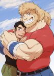  2boys bara beard belly biceps black_hair blush denim facial_hair fangs forearms from_side gardie_(otsukimi) grin hands_on_another&#039;s_chest happy highres hug huge_eyebrows humanization jeans kouhei_(otsukimi) large_hands long_hair long_sideburns male_focus multiple_boys muscular muscular_male original otsukimi pants pectorals plump red_shirt shirt short_hair sideburns sideburns_stubble size_difference smile t-shirt thick_eyebrows yaoi 