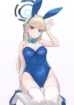  1girl absurdres animal_ears bare_shoulders blonde_hair blue_archive blue_eyes blue_footwear blue_halo blue_leotard breasts cleavage fake_animal_ears halo highres leotard long_hair looking_at_viewer medium_breasts official_alternate_costume rabbit_ears ryh4 shoes solo thighhighs toki_(blue_archive) toki_(bunny)_(blue_archive) white_thighhighs 