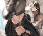  1girl black_footwear black_hair black_panties black_ribbon black_skirt black_thighhighs blue_eyes blurry blurry_foreground blush breasts cameltoe frilled_shirt frills garter_straps graffiti hair_between_eyes hair_ribbon kureha_(ironika) long_hair long_skirt looking_at_viewer medium_breasts original panties pantyshot ribbon shirt skirt solo standing standing_on_one_leg thighhighs underwear white_shirt 