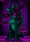  absurd_res anthro breasts comic dialogue digital_drawing_(artwork) digital_media_(artwork) dragon featureless_breasts female glowing glowing_eyes green_body hair hi_res horn lustragon nude pink_eyes purple_hair scalie shade_(iestragon) simple_background solo speech_bubble tail text watermark 