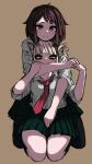  2girls bare_legs biting black_pantyhose blonde_hair boku_no_hero_academia brown_background brown_eyes brown_hair collarbone couple double_bun ginjaeru hair_bun hand_on_another&#039;s_crotch highres holding_hands hug hug_from_behind knees messy_hair multiple_girls necktie pantyhose pleated_skirt school_uniform simple_background skirt toga_himiko uraraka_ochako yellow_eyes yuri 