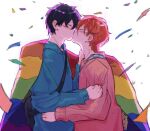  2boys black_hair blue_shirt blush closed_eyes given kiss male_focus multiple_boys pevellynee rainbow_flag red_hair red_shirt satou_mafuyu shirt simple_background uenoyama_ritsuka white_background yaoi 