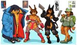  2022 absurd_res anthro backpack breasts brown_body brown_fur brown_hair canid canine canis ceehaz cleavage cleaver clothed clothing coat dobermann dog_knight_rpg domestic_dog dorohedoro female fingerless_gloves frog_hat fur gloves hair handwear hi_res hoodie mammal nikaido_(dorohedoro) pinscher rory_(ceehaz) solo topwear 