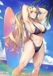  1girl abs bare_shoulders barghest_(fate) beach biceps bikini black_bikini blonde_hair blue_sky blush breasts cleavage fate/grand_order fate_(series) green_eyes highleg highleg_bikini highres horns large_breasts long_hair looking_at_viewer muscular muscular_female nakaga_eri navel open_mouth shore sidelocks sky smile solo surfboard swimsuit thick_thighs thighs 