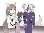  anthro blue_eyes brown_hair canid canine canis chuurow doll domestic_dog duo eye_patch eyewear fur girly grey_body grey_fur hair hi_res lifewonders long_hair male mammal moritaka pink_body pink_fur tail tail_motion tailwag tanetomo tokyo_afterschool_summoners white_hair yoshito 