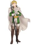  1boy absurdres blonde_hair boots brown_eyes brown_footwear cain_(fire_emblem:_thracia_776) cape coat ebinku fire_emblem fire_emblem:_thracia_776 full_body gloves green_coat highres holding holding_polearm holding_weapon looking_at_viewer pants polearm solo weapon white_cape white_gloves white_pants 
