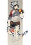  4_toes 5_fingers accessory anthro autumn bell biped bottomwear clothed clothing collar eyebrows fangs feet felid fingers food fur furgonomics hair hi_res holding_food holding_object inner_ear_fluff kemono kogenta_(onmyou_taisenki) male mammal milkytiger1145 onmyou_taisenki open_mouth red_eyes shorts solo striped_body striped_fur stripes tail tail_accessory tail_bell teeth toes tuft 