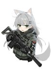  1girl animal_ears assault_rifle bandage_on_face bandages cat_ears cat_girl cat_tail fangs flashlight gloves green_eyes grey_hair gun hara_shoutarou highres hood jacket long_hair open_mouth original patch rifle smile solo suppressor tail weapon white_background 