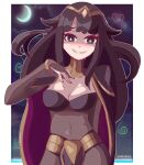  1girl absurdres artist_name black_cape black_hair blunt_bangs bodystocking bracelet breasts cape choker cleavage cloud cloudy_sky commentary covered_navel crescent_moon dot_nose fire_emblem fire_emblem_awakening gold heart highres hoshinokotta jewelry long_hair looking_at_viewer medium_breasts moon night night_sky pelvic_curtain purple_nails red_cape sky smile solo star_(sky) teeth tharja_(fire_emblem) tiara twitter_username two-sided_cape two-sided_fabric two-tone_cape two_side_up 