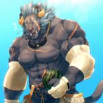  1boy abs bara belt bulge cowboy_shot crotchless crotchless_pants curled_horns detached_sleeves food fruit furry furry_male grey_fur holding holding_food holding_fruit horns jinnai10 krampus_(housamo) large_pectorals long_sideburns looking_to_the_side male_focus mature_male medium_hair muscular muscular_male navel nipples notice_lines pants pectorals scar scar_across_eye scar_on_chest sideburns solo stomach tokyo_afterschool_summoners topless_male tusks watermelon 