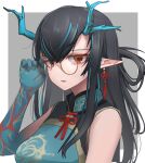  1girl arknights bare_shoulders bespectacled black_hair blue_dress blue_hair blue_skin border china_dress chinese_clothes colored_skin dragon_horns dress dusk_(arknights) dusk_(everything_is_a_miracle)_(arknights) earrings glasses gradient_skin grey_background highres horns jewelry kusami_toka_naku_au long_hair looking_at_viewer multicolored_hair official_alternate_costume orange-framed_eyewear outside_border parted_lips pointy_ears red_eyes simple_background sleeveless sleeveless_dress solo streaked_hair tassel tassel_earrings two-tone_hair upper_body white_border 