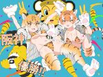  2girls absurdres animal_ears animal_hands animal_print baseball_cap baseball_jersey bikini black_hair breasts doala extra_ears fangs gloves hanshin_tigers hat highres kemono_friends kemono_friends_3 kumasyan1998 large_breasts lucky_beast_(kemono_friends) multicolored_hair multiple_girls nippon_professional_baseball open_mouth orange_hair paw_gloves print_bikini print_thighhighs shirt short_hair short_sleeves side-tie_bikini_bottom smile sportswear striped_hair sumatran_tiger_(kemono_friends) swimsuit tail thighhighs tiger_(kemono_friends) tiger_ears tiger_girl tiger_print tiger_tail white_hair yellow_eyes 