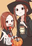  2girls black_headwear black_sailor_collar brown_eyes brown_hair closed_mouth commentary_request fangs food halloween_costume hat highres holding holding_food holding_lantern holding_pumpkin holding_vegetable inaba_mifumi karakai_jouzu_no_(moto)_takagi-san karakai_jouzu_no_takagi-san lantern long_sleeves looking_at_viewer medium_hair multiple_girls neckerchief nishikata_chii open_mouth outstretched_hand pumpkin red_neckerchief sailor_collar school_uniform shirt simple_background smile takagi-san vampire_costume vegetable white_shirt witch witch_hat 